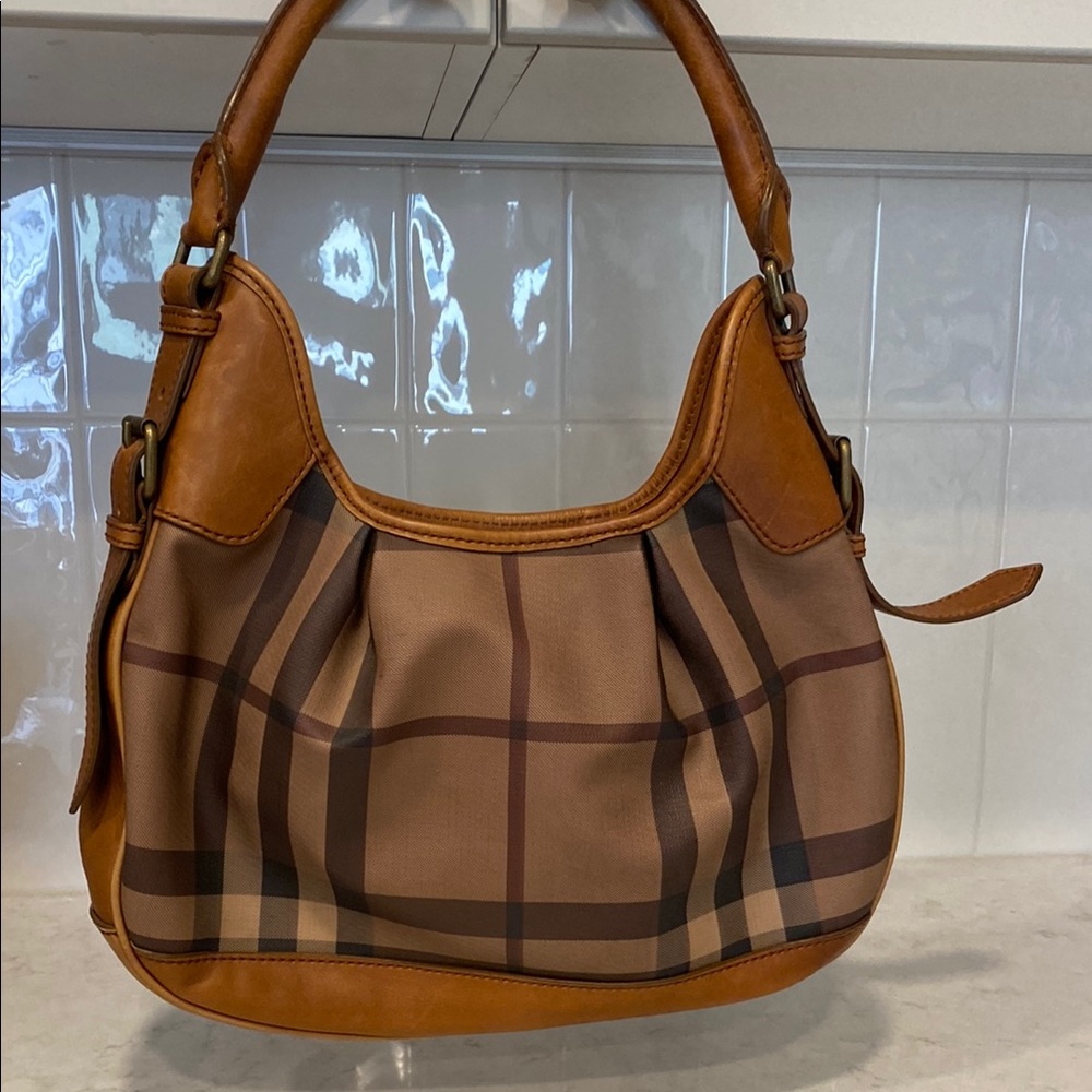 Burberry Tan and Brown Shoulder Bag with Plaid Pattern